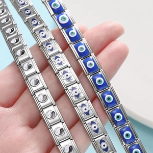 Bracelet à breloques italien en acier inoxydable avec modules émaillés œil et yin yang