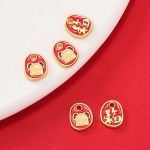 Detail of red enamel Chinese Fu character and cute panda alloy gold-plated pendants