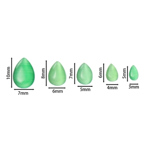 Detailed size comparison of green teardrop faux cat eye glass stones from 10x7mm to 5x3mm