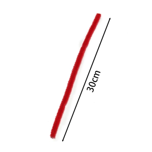 Detail view of a 30cm red chenille stem showing high-density plush and flexible wire core
