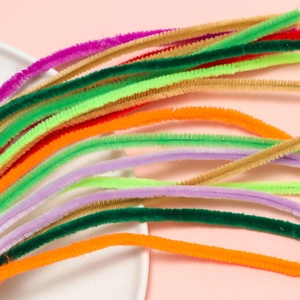Macro view of colorful plush craft pipe cleaners for DIY children handmade projects