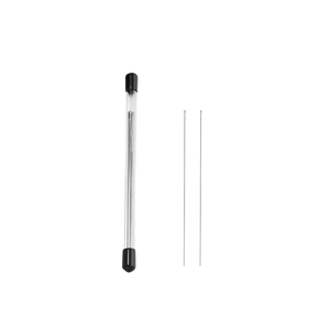 Detailed view of fine stainless steel beading needles with a clear storage tube