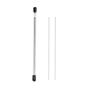 Detailed view of fine stainless steel beading needles stored in a clear plastic tube