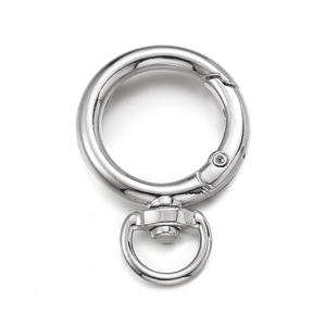 Close-up of a silver zinc alloy swivel spring ring clasp for bags and keychains