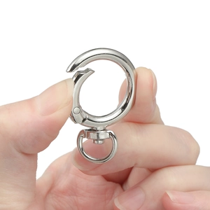 Silver zinc alloy spring ring clasp with swivel hook shown in open position
