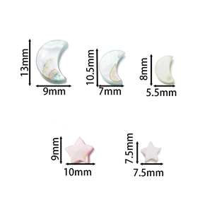 Detailed size comparison of iridescent shell pendants in crescent moon and star shapes