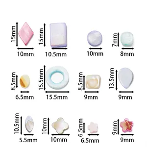 Size chart showing 12 shapes of colorful shell bead accessories for DIY jewelry making