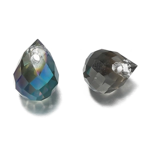 Close-up of teardrop faceted glass beads with AB coating and smoky grey finish