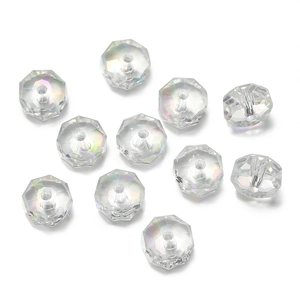 Macro shot of faceted crystal rondelle beads with AB coating and center drill hole