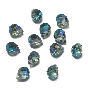 Macro shot of 6x7mm faceted crystal teardrop beads with iridescent AB color coating