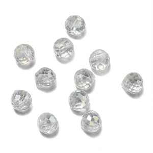 Close-up of clear faceted crystal teardrop beads with precision cut glass details