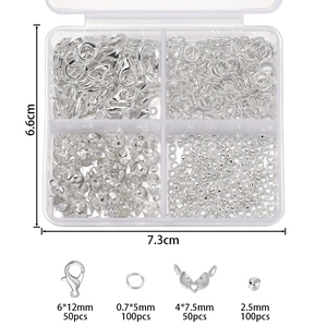 DIY jewelry kit with lobster clasps and jump rings in a clear storage box and size specs