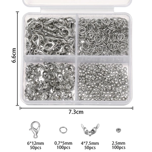 Silver jewelry DIY kit including lobster clasps, open rings, and beads in a plastic box