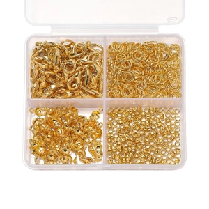 DIY jewelry making kit with golden lobster clasps and jump rings in a 4-grid box