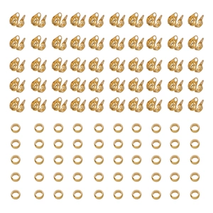 Detailed set of golden stainless steel fold-over cord ends and crimp beads for DIY jewelry