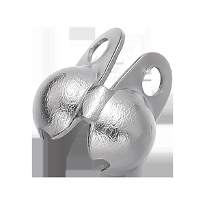 Close-up of polished stainless steel folding crimp bead covers for DIY jewelry making