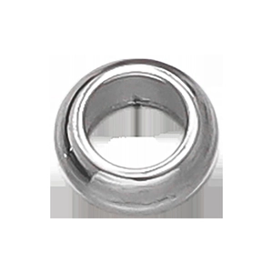 Detailed close-up of a silver stainless steel spacer bead with polished mirror finish