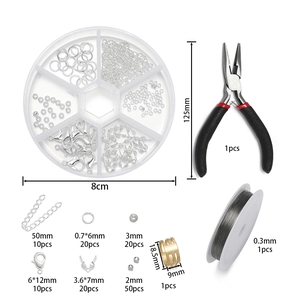DIY jewelry making kit with needle nose pliers, silver findings, and beading wire