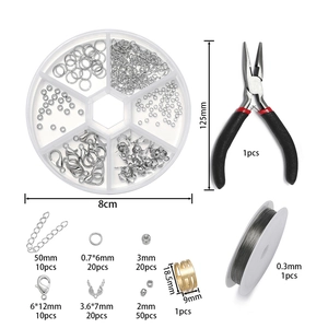Detail of jewelry DIY kit including pliers, storage box, and assorted metal accessories