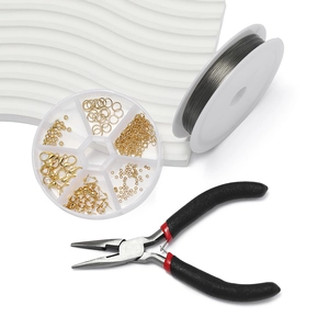 Detailed DIY jewelry making kit with pliers, lobster clasps, beads and craft wire