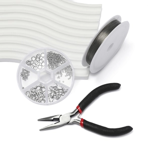 DIY jewelry making kit featuring pliers, silver lobster clasps, and beading wire on white