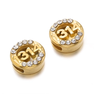 Close-up of golden stainless steel spacer bead with 1314 engraving and crystal accents
