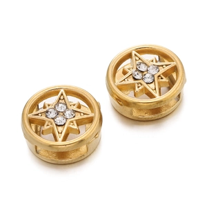 Macro detail of gold plated spacer beads featuring sparkling star-set crystals and matte finish