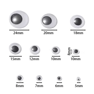 Size chart showing eleven types of self-adhesive googly eyes ranging from 5mm to 24mm