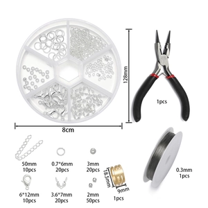 DIY jewelry tool kit with black pliers, 0.3mm wire, and gold lobster clasp findings set