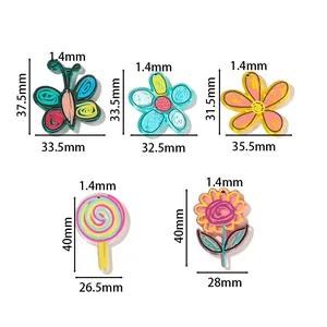 Size chart showing acrylic butterfly and flower charms for DIY crafts with dimensions