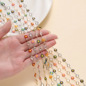 Daisy flower chain with colorful enamel petals and crystal accents for DIY jewelry making