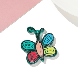 Macro detail of green translucent acrylic butterfly charm with colorful swirl patterns