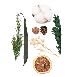 Flat lay of DIY materials with cotton flower, dried lemon, pine cone and baby's breath