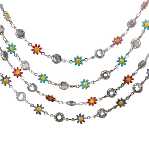 Silver chain with colorful enamel daisy flowers and crystal charms for DIY jewelry making