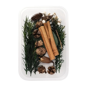 Detail of DIY natural craft kit with cinnamon sticks, pine cones and white berries in a box