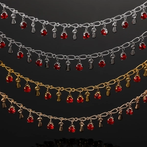 Détails de chaînes en cuivre avec cristaux rouges et finitions métalliques en quatre couleurs