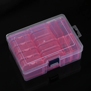 Macro shot of 14-compartment clear organizer box with pink inner containers and blue latch