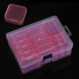14-grid clear plastic storage box with removable inner cases and blue latches