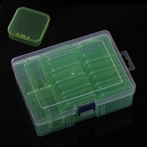 14-grid clear storage case with green removable plastic boxes and reinforced blue latch