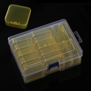 Clear plastic storage organizer with removable yellow inner cases and blue locking latch