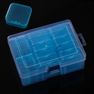 Detailed view of 14-compartment clear plastic organizer with blue snap-lock containers