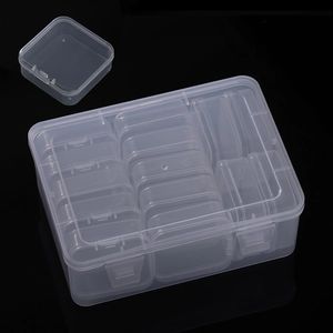 Close-up of 14-grid clear plastic storage box with removable inner cases for beads and parts