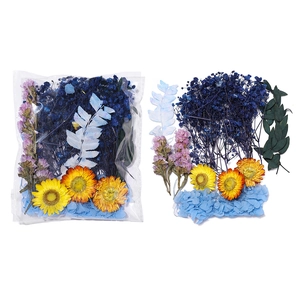 Détail du kit de fleurs séchées DIY avec hortensia et tournesol sous emballage plastique