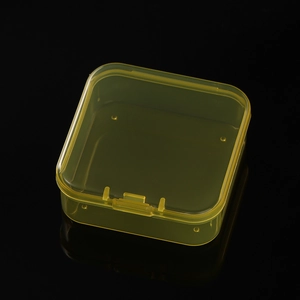 Detail view of a 14-compartment yellow storage box with secure snap-lock lid for beads