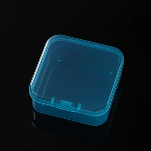 Close-up of a blue translucent square plastic storage box with a secure buckle lid