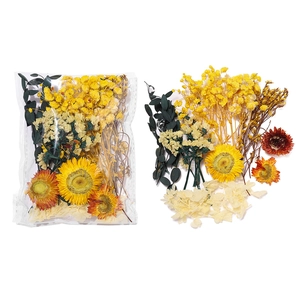 Vue détaillée du kit de fleurs séchées DIY avec tournesols, marguerites et eucalyptus