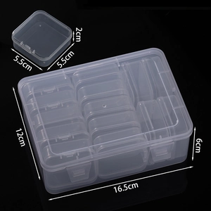 Detail view of 14-grid clear plastic storage box showing precise dimensions 16.5x12x6cm