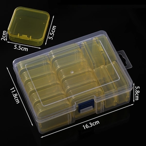 Detail view of 14 detachable small yellow boxes inside a clear storage case with dimensions