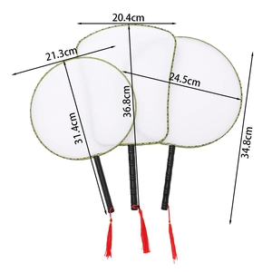 Detailed size specifications of white silk fans with bamboo handles and red tassels