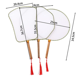 Detail showing dimensions of traditional blank silk fans with bamboo handles and red tassels